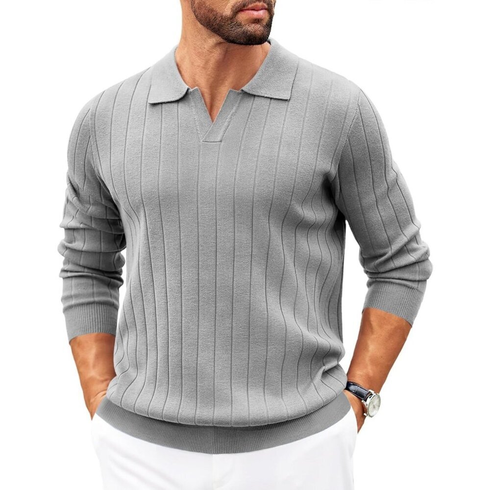 Coofandy Men Light Grey Polo Long Sleeve V Neck Lightweight Pullover Sweater